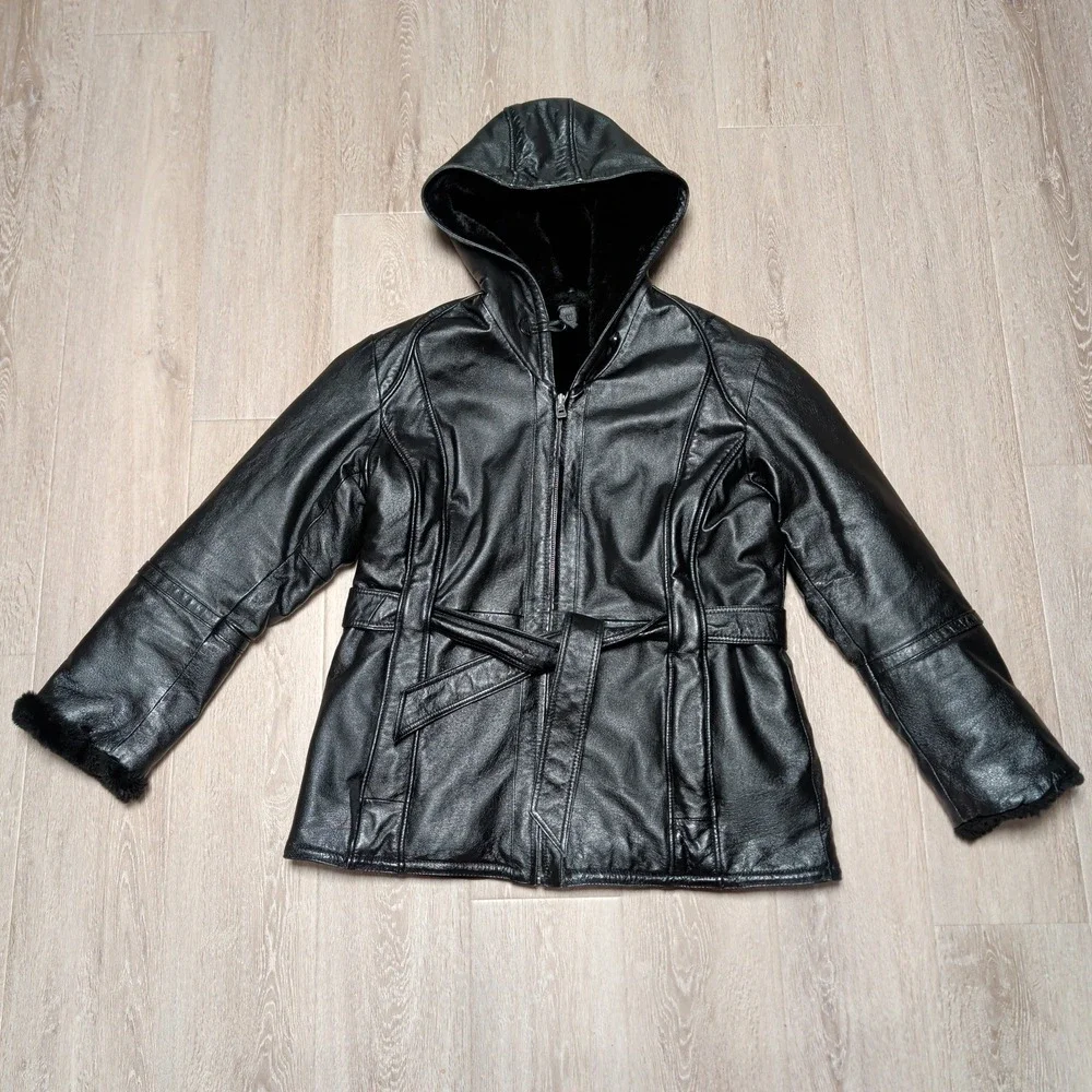 Vintage Wilsons Leather Black Hooded Jacket Faux Fur‎ Lined Belted Womens XL